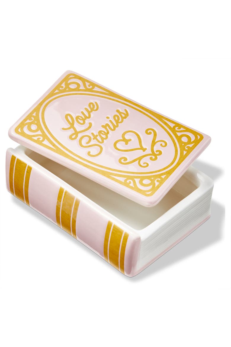Love Stories Pink Earthenware Book Lidded Trinket Box 3.3x4.5x1.5 in, Main, color, Pink