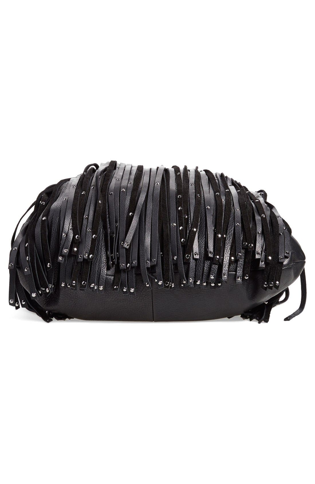 'Heidi' Studded Fringe Hobo, Alternate, color, BLACK STUD