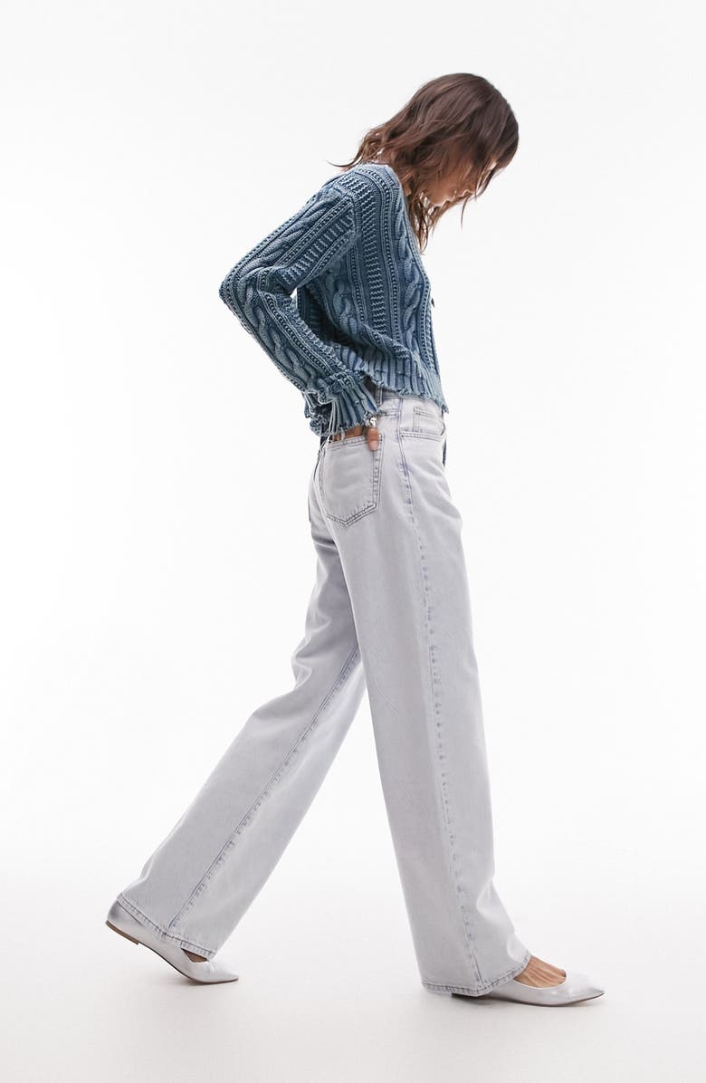 Topshop Acid Wash Frayed Crop Cable Sweater, Alternate, color, Medium Blue