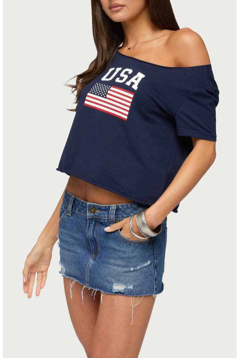 USA Off the Shoulder Graphic Tee, Alternate, color, NAVY