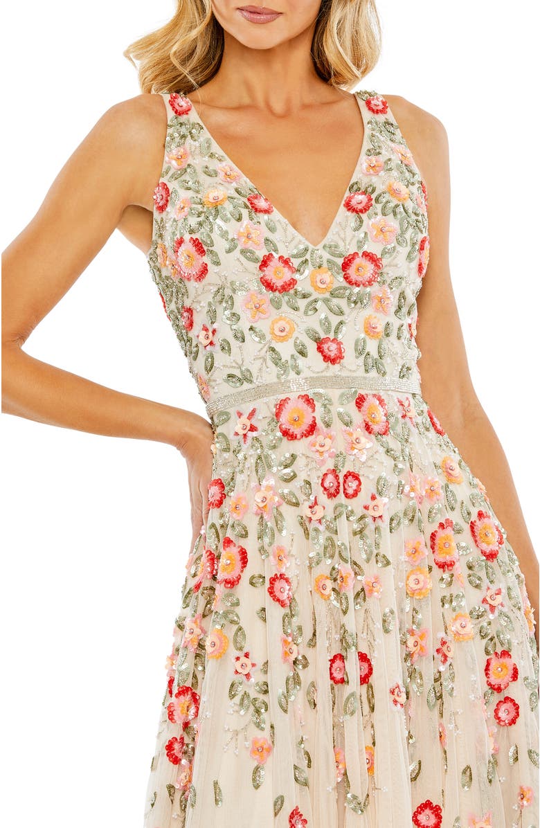 Mac Duggal V-Neck Sleeveless Midi Floral Beaded A-Line Dress, Alternate, color, Nude Multi