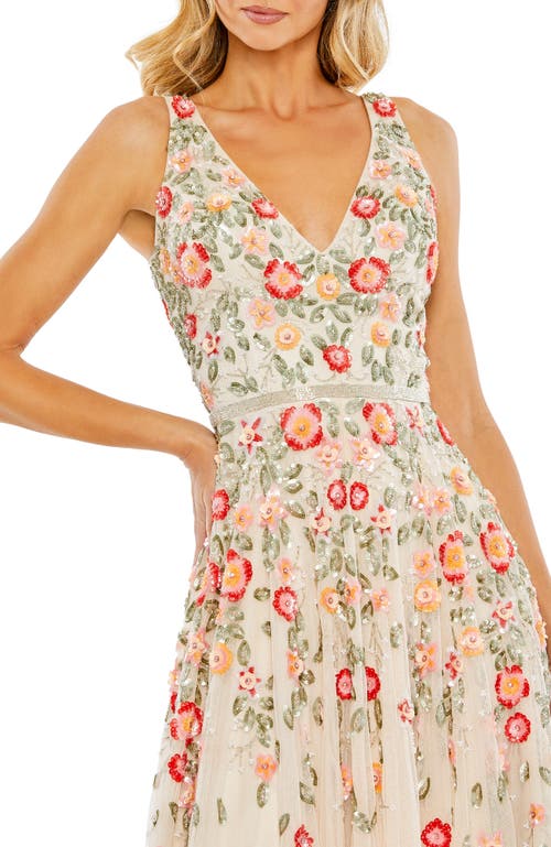 Mac Duggal Deep V Neck Embroidered Tea Length Dress In Nude Multi
