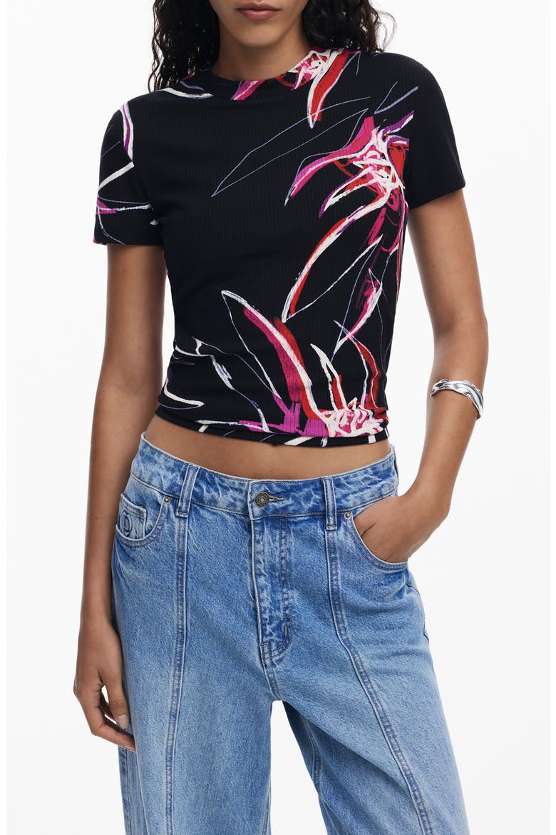 Floral Rib T-Shirt, Main, color, BLACK