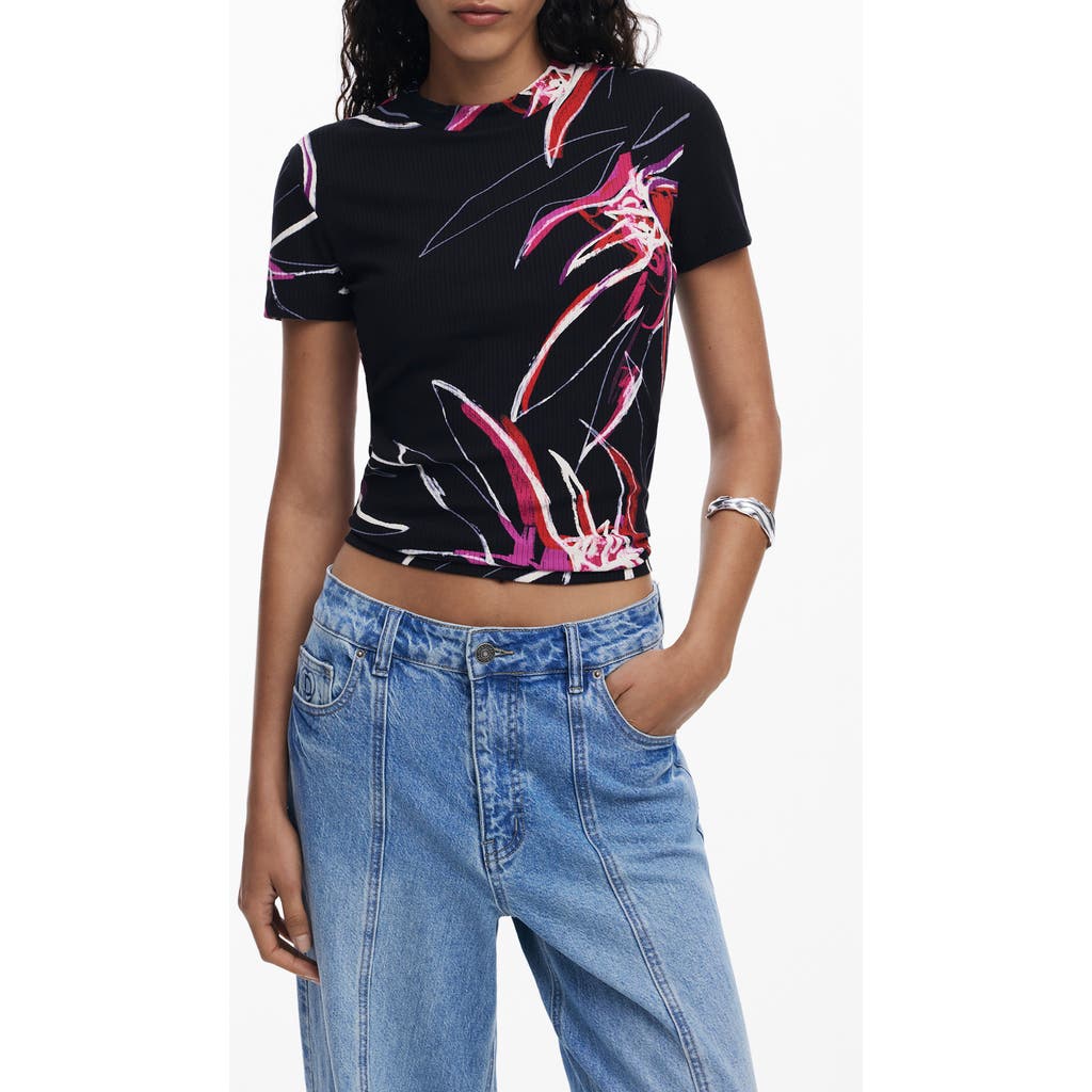 Desigual Floral Rib T-shirt In Black