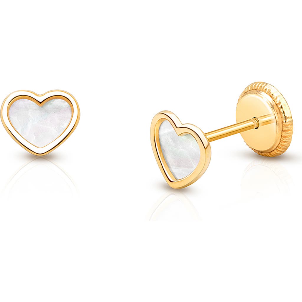 Tiny Blessings 14k Gold Genuine Love Mother Of Pearl Heart Studs Screw Back Earrings In Gold
