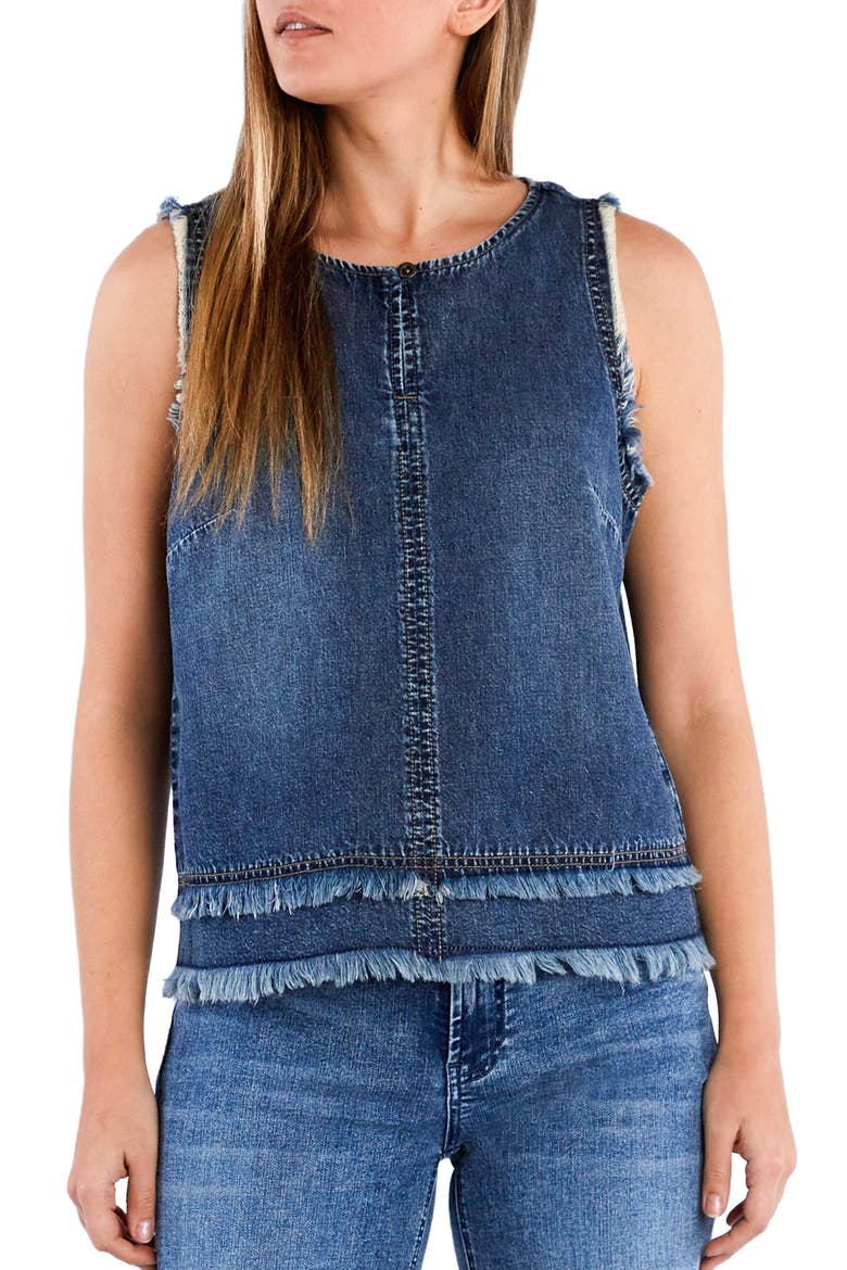 Sleeveless Layered Fray Hem Denim Top, Main, color, LAYERED BLUE