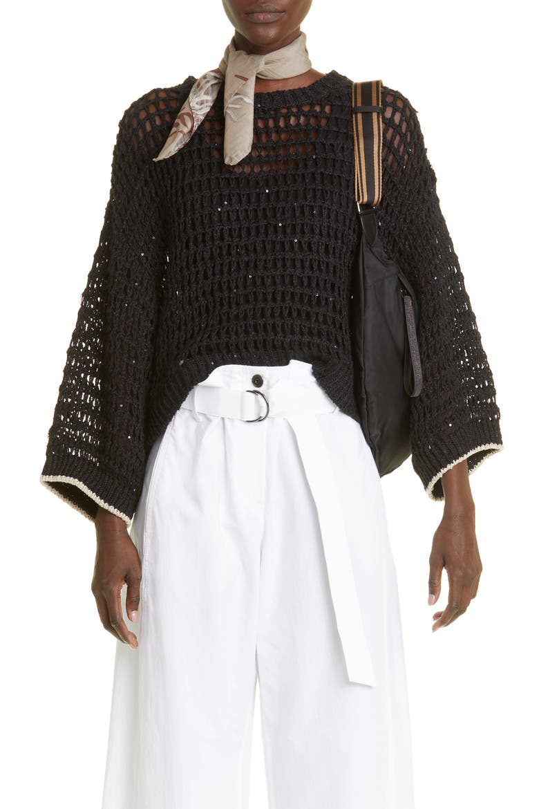 Sequin Open Knit Linen Blend Sweater, Main, color, CYP57 BLACK