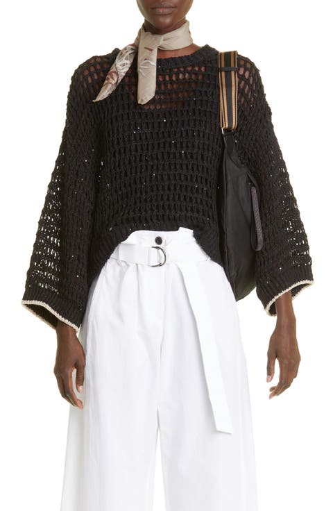 Sequin Open Knit Linen Blend Sweater