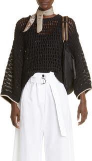 Brunello Cucinelli Sequin Open Knit Linen Blend Sweater