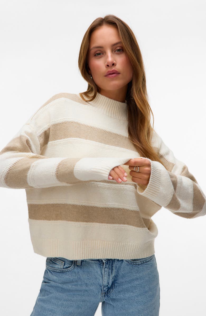 VERO MODA Inez Stripe Mock Neck Sweater, Alternate, color, Birch Detail W Silver