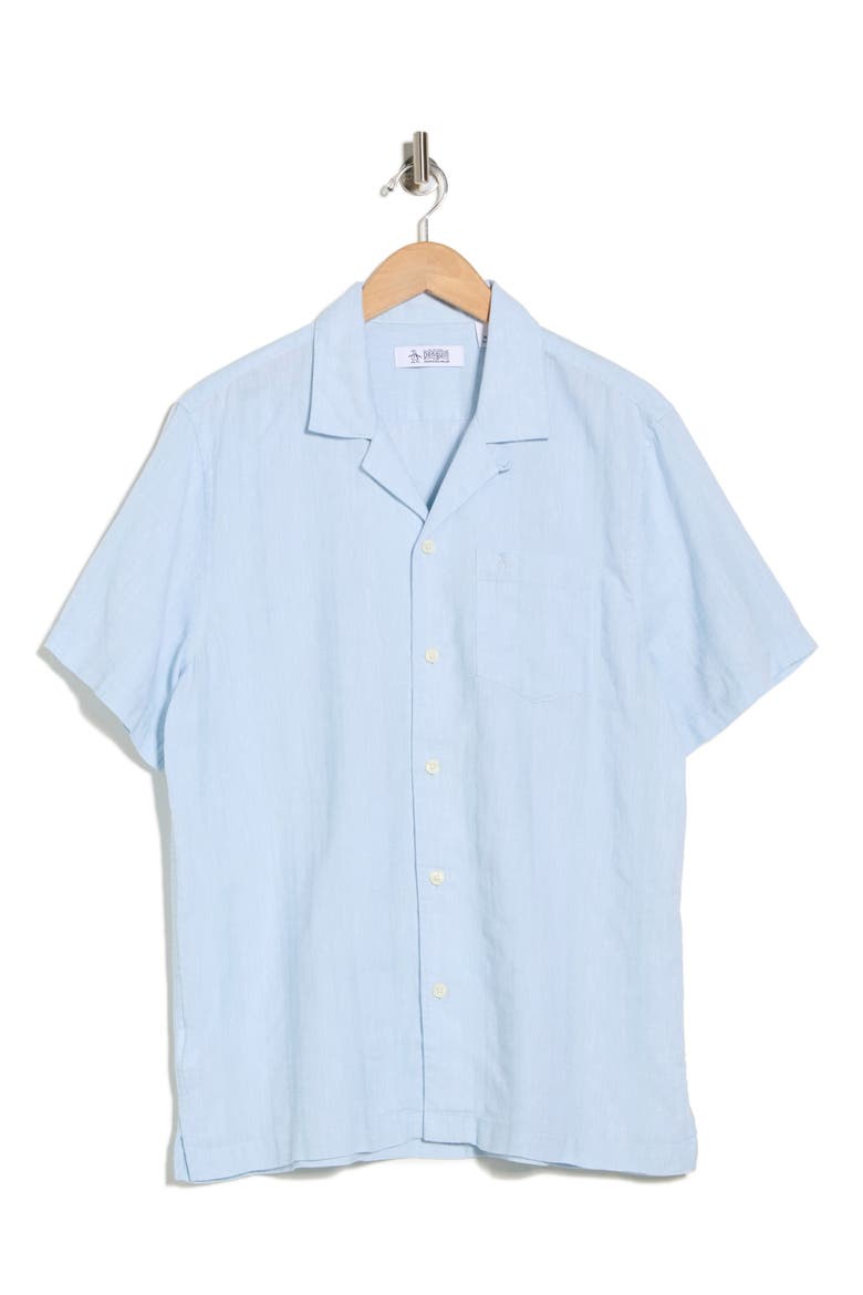Short Sleeve Linen & Cotton Button-Up Shirt, Alternate, color, COOL BLUE