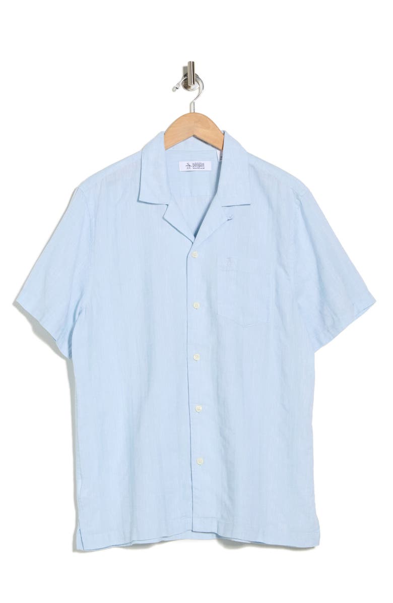 Original Penguin Short Sleeve Linen & Cotton Button-Up Shirt, Main, color, Cool Blue
