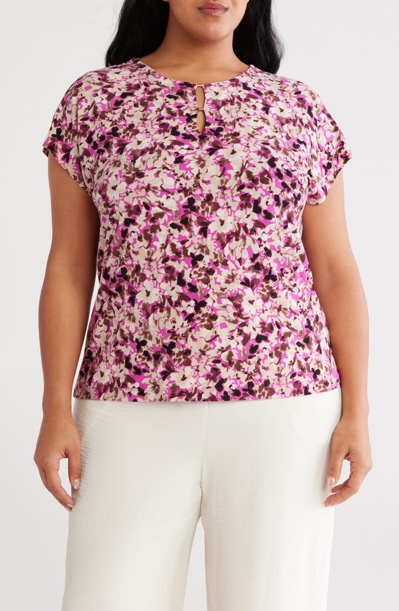 Jones New York Floral Print Keyhole Crepe Knit Top, Main, color, 