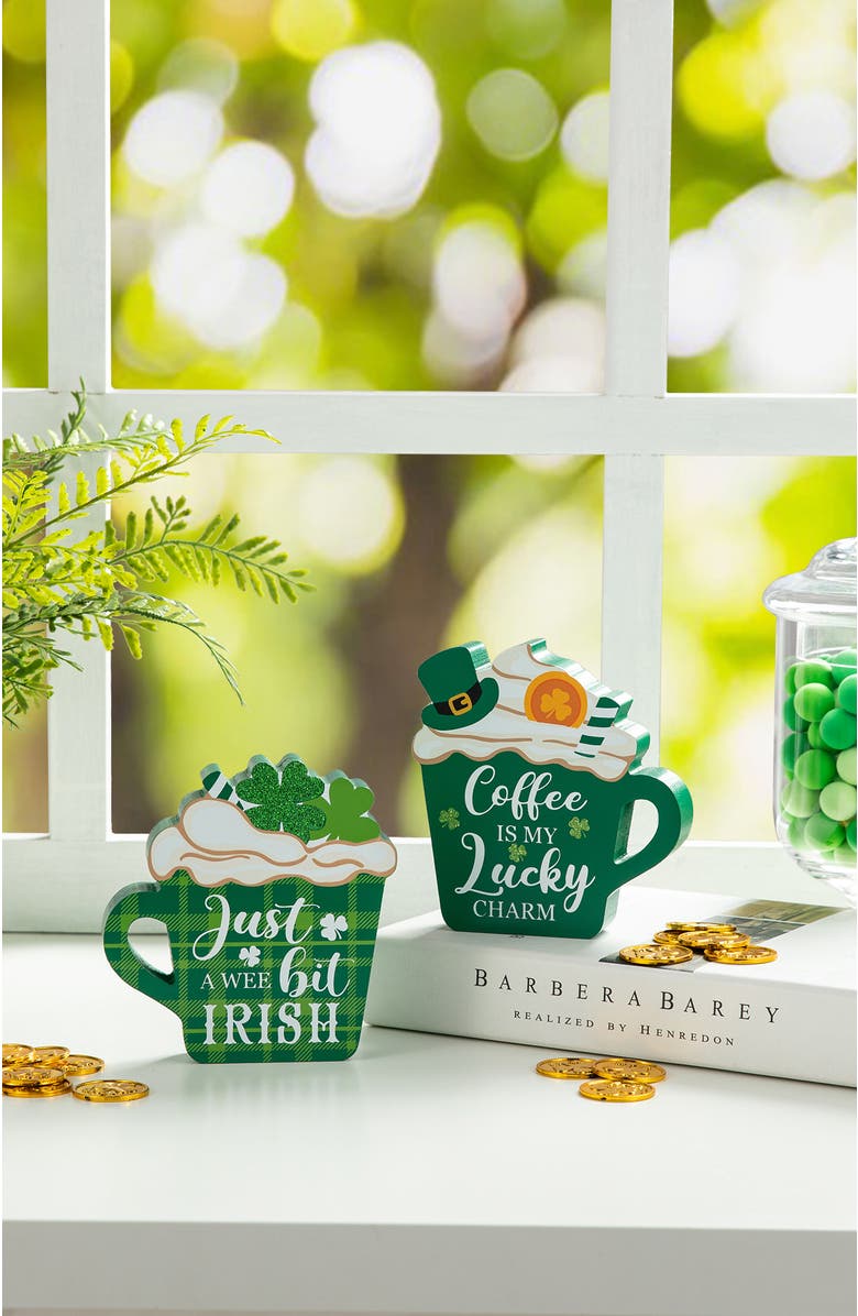 Glitzhome Set of 2 Wooden St. Patrick's Coffee Cup Table Decor, Alternate, color, Green