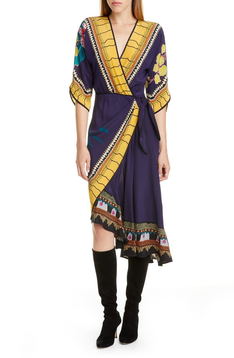 Etro Print Faux Wrap Silk Dress, Main, color, 