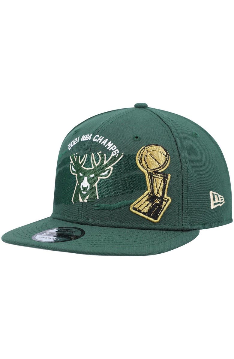 New Era Men's New Era Hunter Green Milwaukee Bucks 2021 NBA Finals Champions Tear On The Court 9FIFTY Snapback Hat, Main, color, 