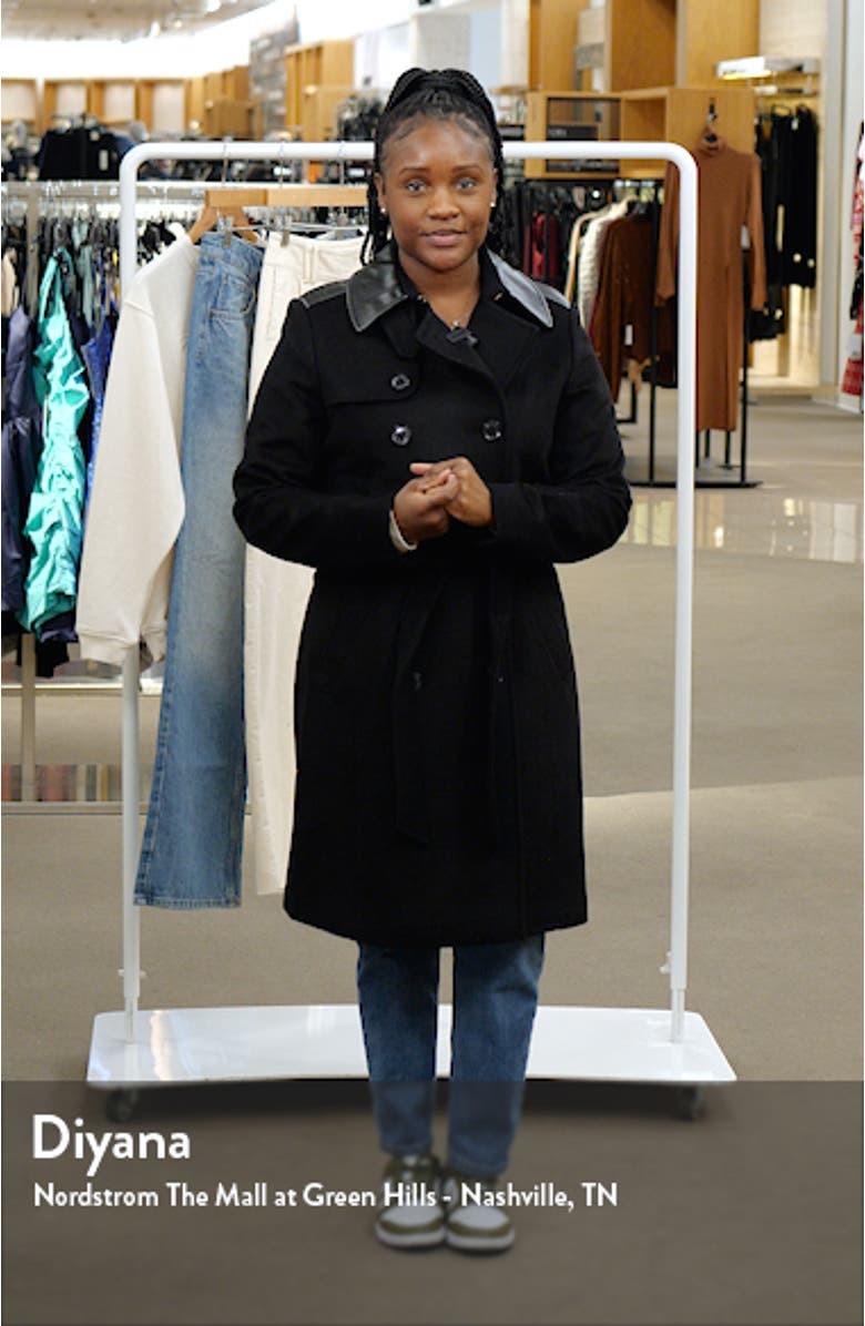 Tie Waist Faux Leather Trim Wool Blend Coat, sales video thumbnail