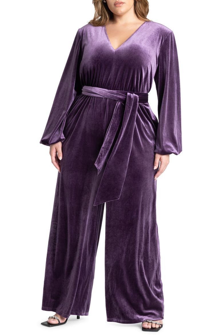 Tie Belt Wide Leg Velvet Jumpsuit, Main, color, VIOLET INDIGO