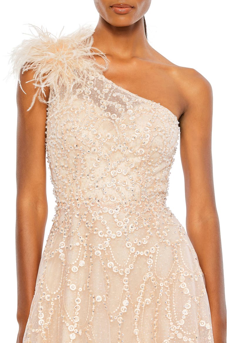 Embellished One-Shoulder A-Line Gown with Feather Accent, Alternate, color, PEACH