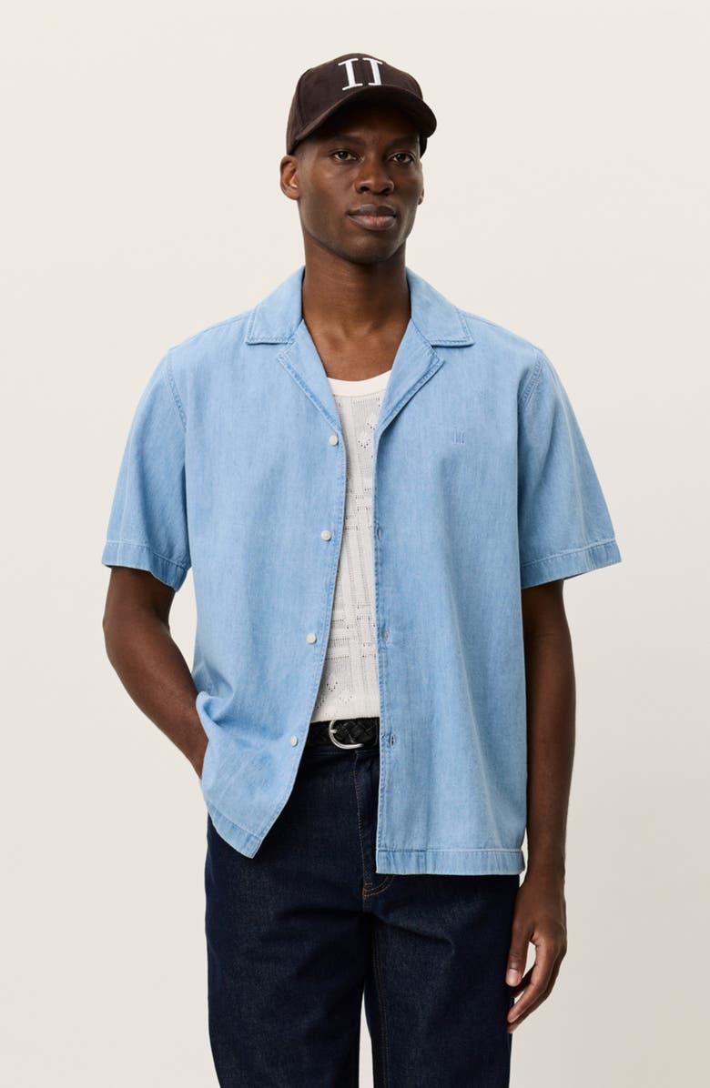 Les Deux Lesley Organic Cotton Denim Camp Shirt, Alternate, color, Light Indigo Wash
