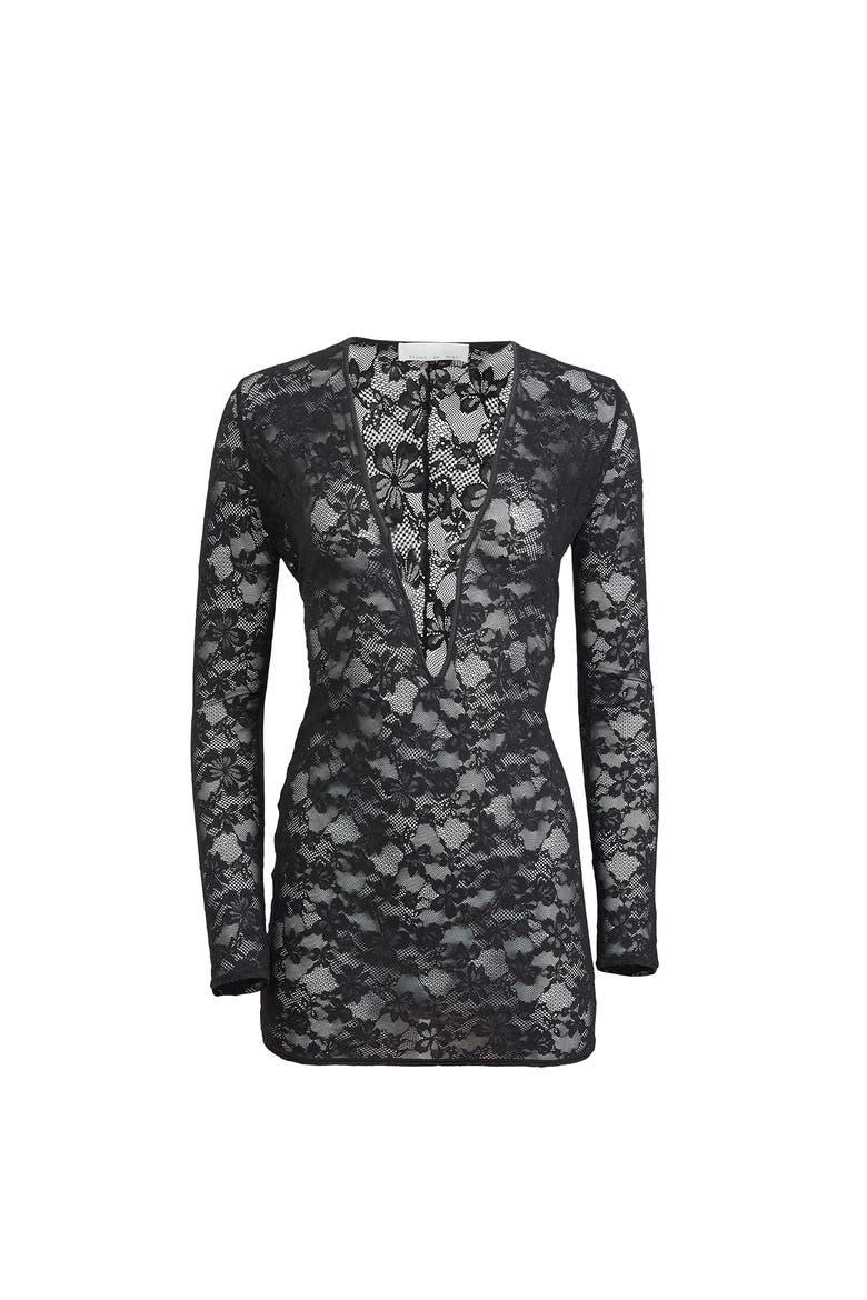 Le Stretch Lace Deep Plunge Mini Dress, Alternate, color, BLACK