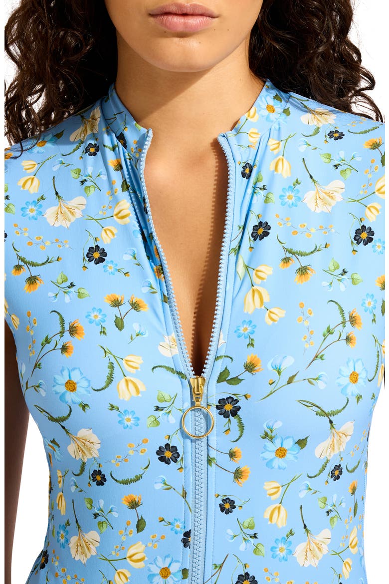 Cap Sleeve Zip-Up One-Piece Swimsuit, Alternate, color, POWDER BLUE