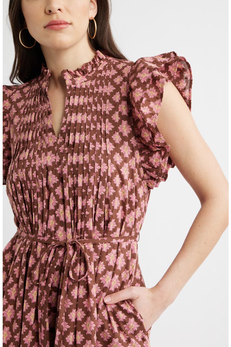 Ruffle Tie Waist Dress, Alternate, color, BROWN- PINK MILLIE TILE