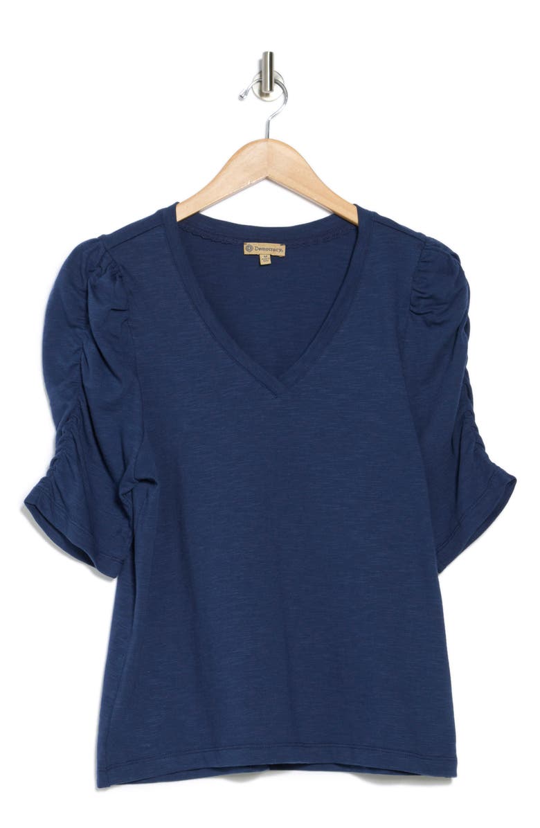 Democracy Cinched Sleeve Cotton V-Neck Top, Alternate, color, Navy