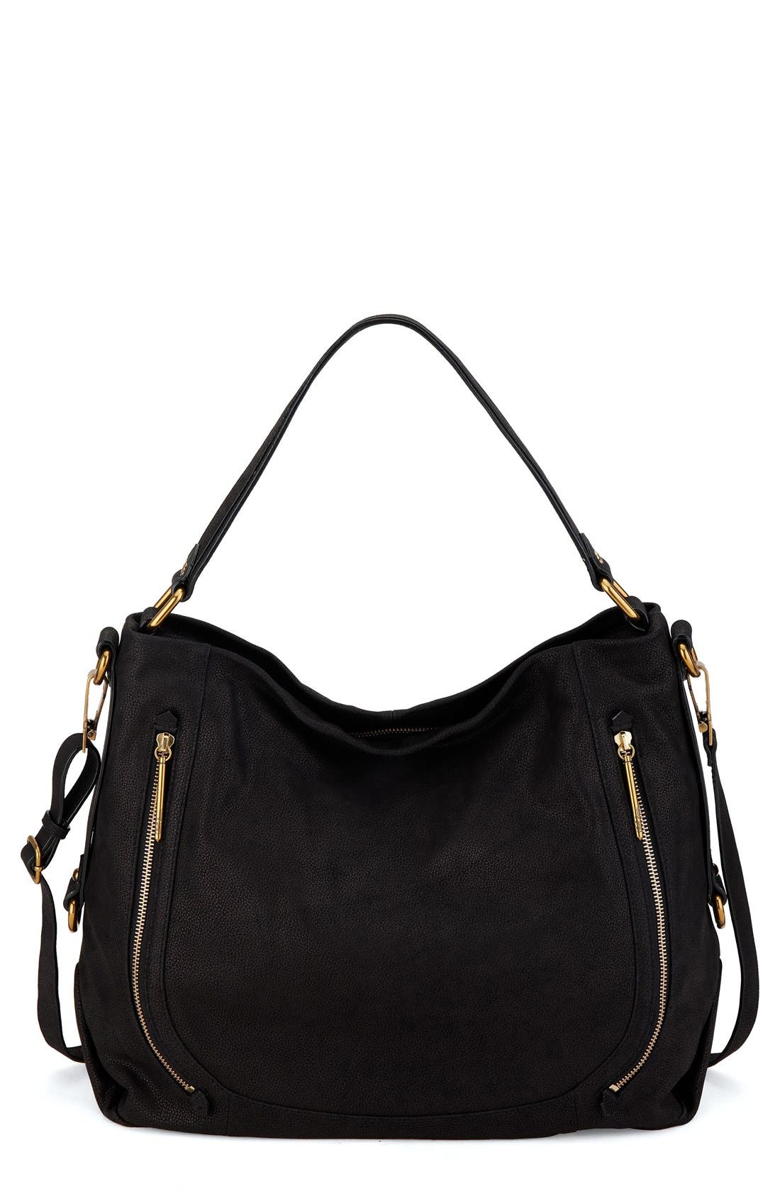'Iara City' Leather Hobo, Main, color, BLACK