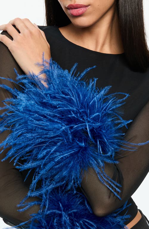 Alice And Olivia Delaina Mesh Feather Cuffed Long Sleeve Top In Black/royal