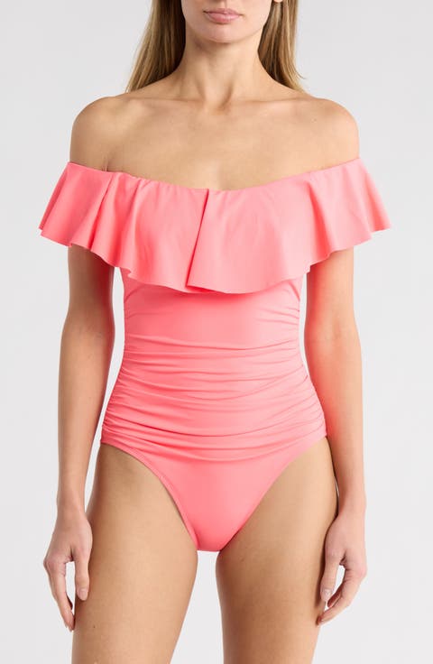 Off the Shoulder Ruffle One-Piece Swimsuit
