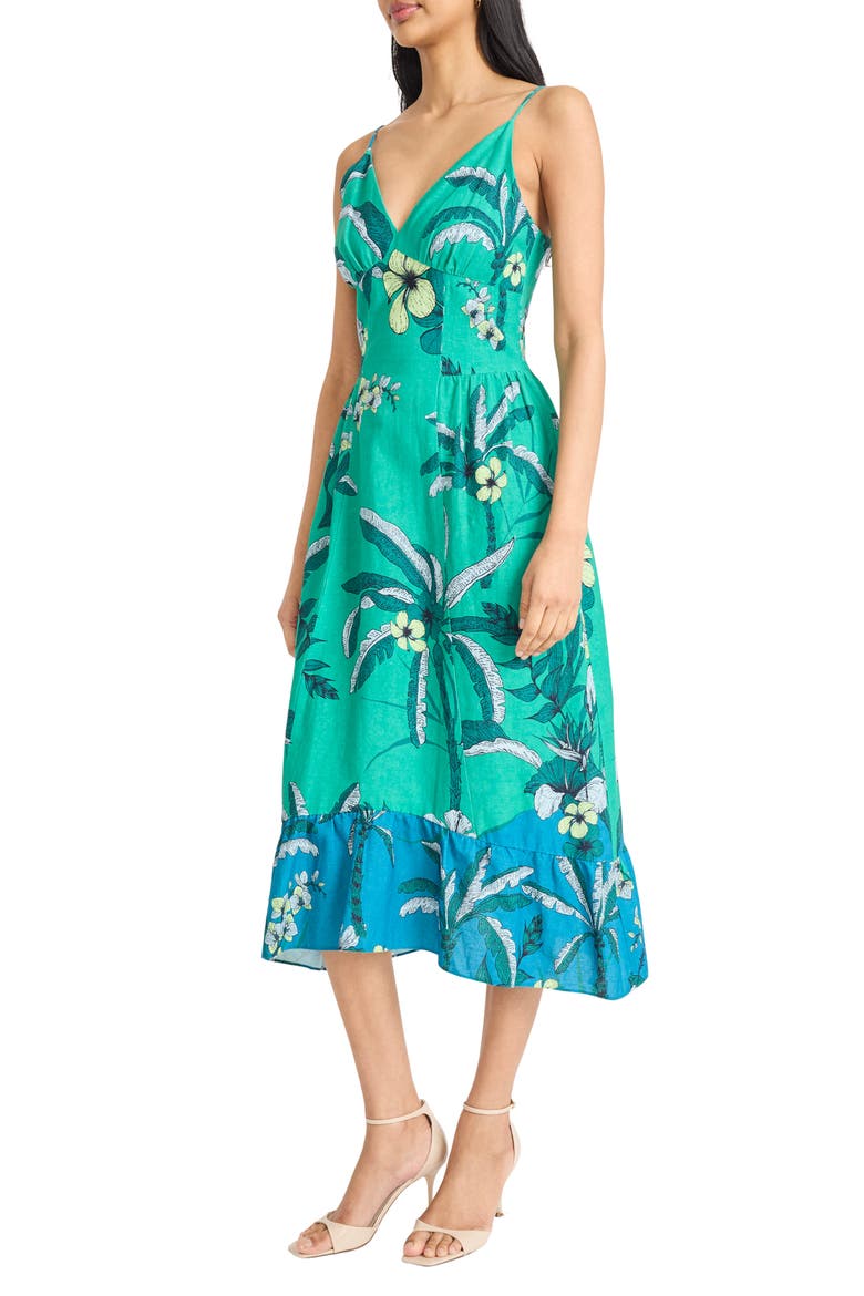 Floral Linen Blend Fit & Flare Midi Dress, Alternate, color, SPECTRUM GREEN/ TEAL BLUE