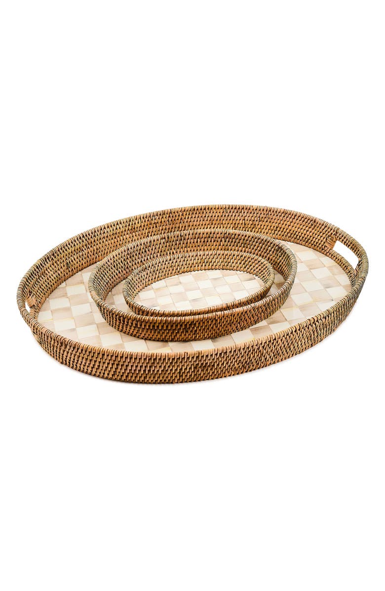 MACKENZIE CHILDS Mocha Check Enamel & Rattan Party Tray, Alternate, color, Mocha