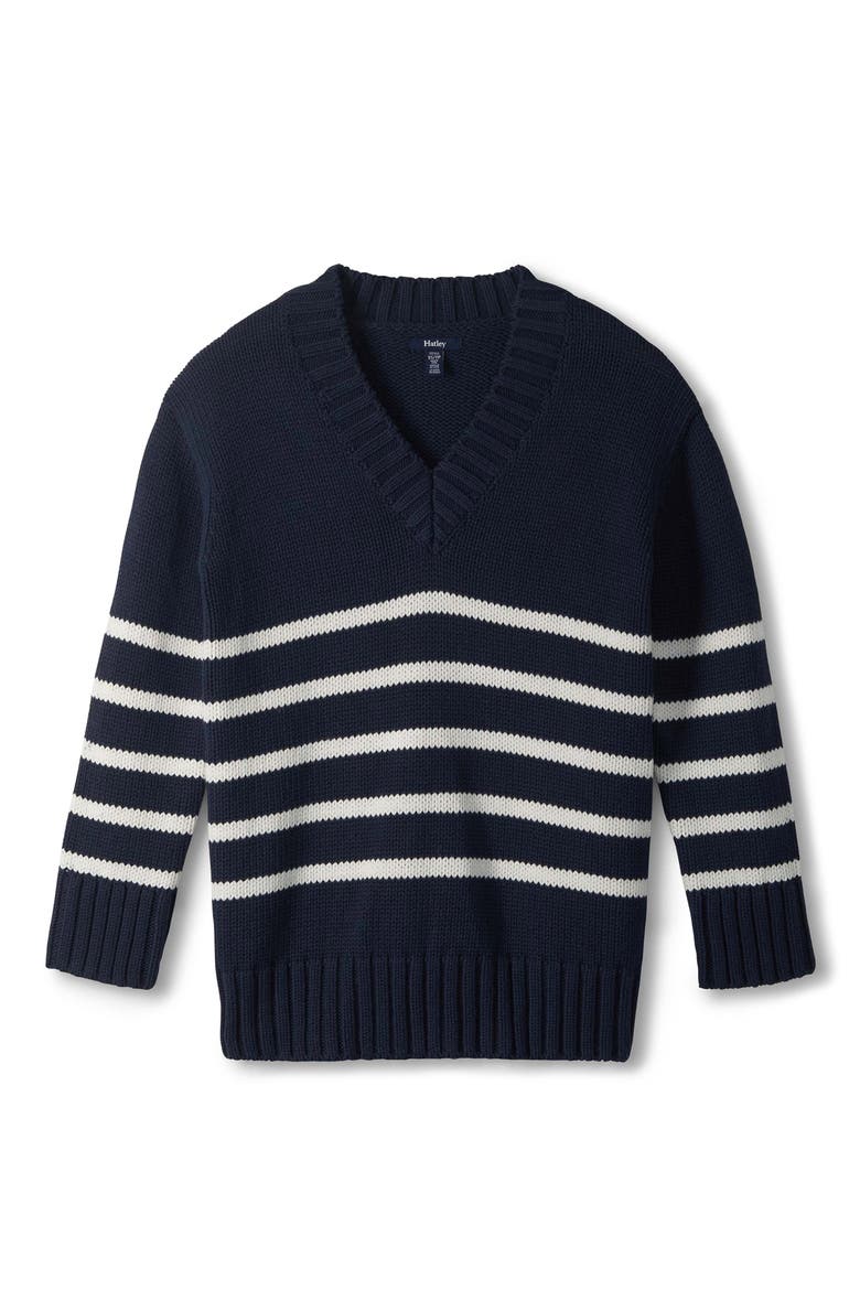 Stripe Cotton & Cashmere V-Neck Sweater, Alternate, color, NAVY