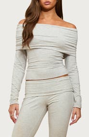 EDIKTED Habiba Foldover Off the Shoulder Crop Top