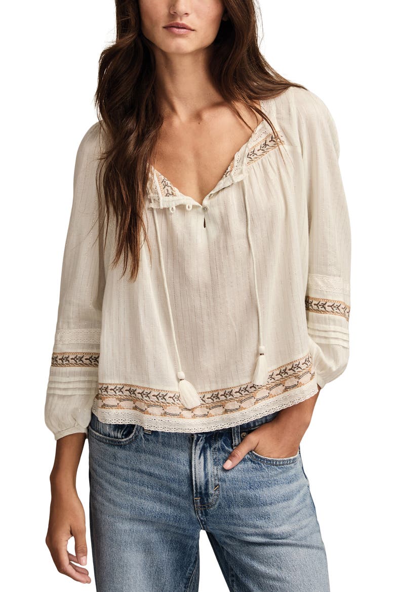 Metallic Stripe Embroidered Cotton Peasant Top, Main, color, AQUA BLUE