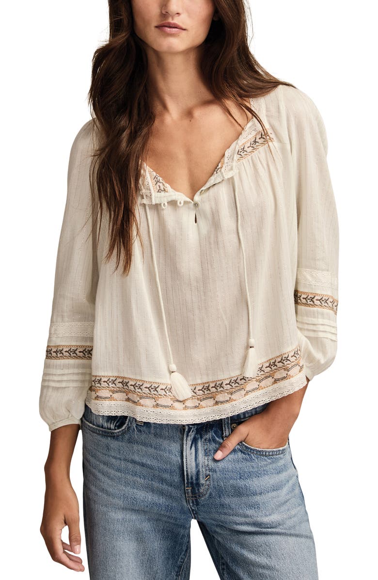 Lucky Brand Metallic Stripe Embroidered Cotton Peasant Top, Main, color,