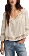Lucky Brand Metallic Stripe Embroidered Cotton Peasant Top