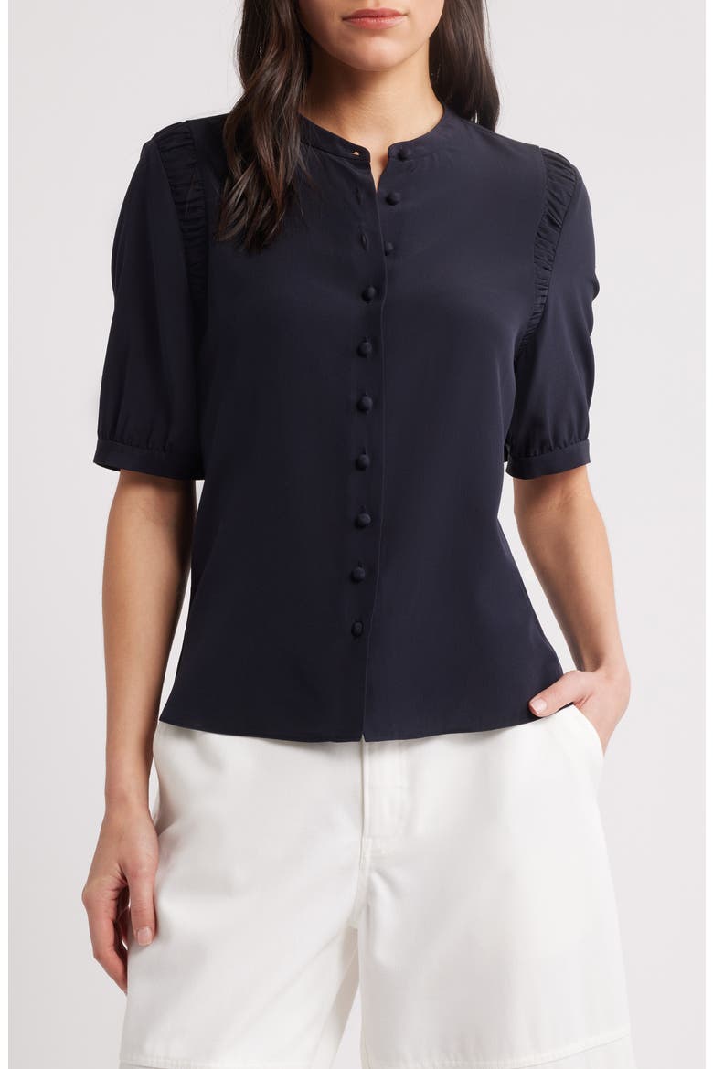 The Silk Gathered Short Sleeve Button-Up Shirt, Main, color, NAVY