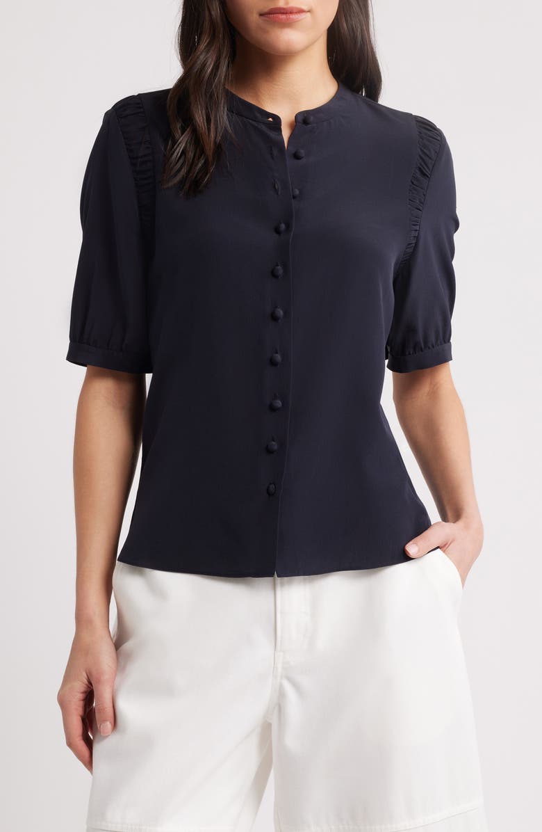 FRAME The Silk Gathered Short Sleeve Button-Up Shirt, Main, color, Navy