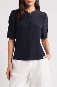 FRAME The Silk Gathered Short Sleeve Button-Up Shirt