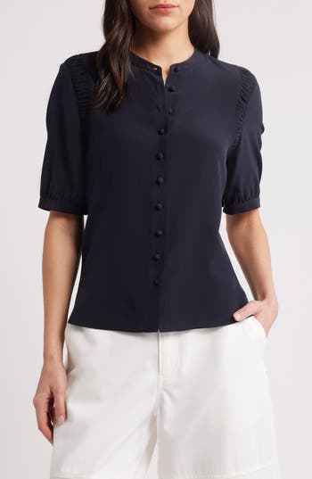 Frame The Silk Gathered Short Sleeve Button-up Shirt In Blue