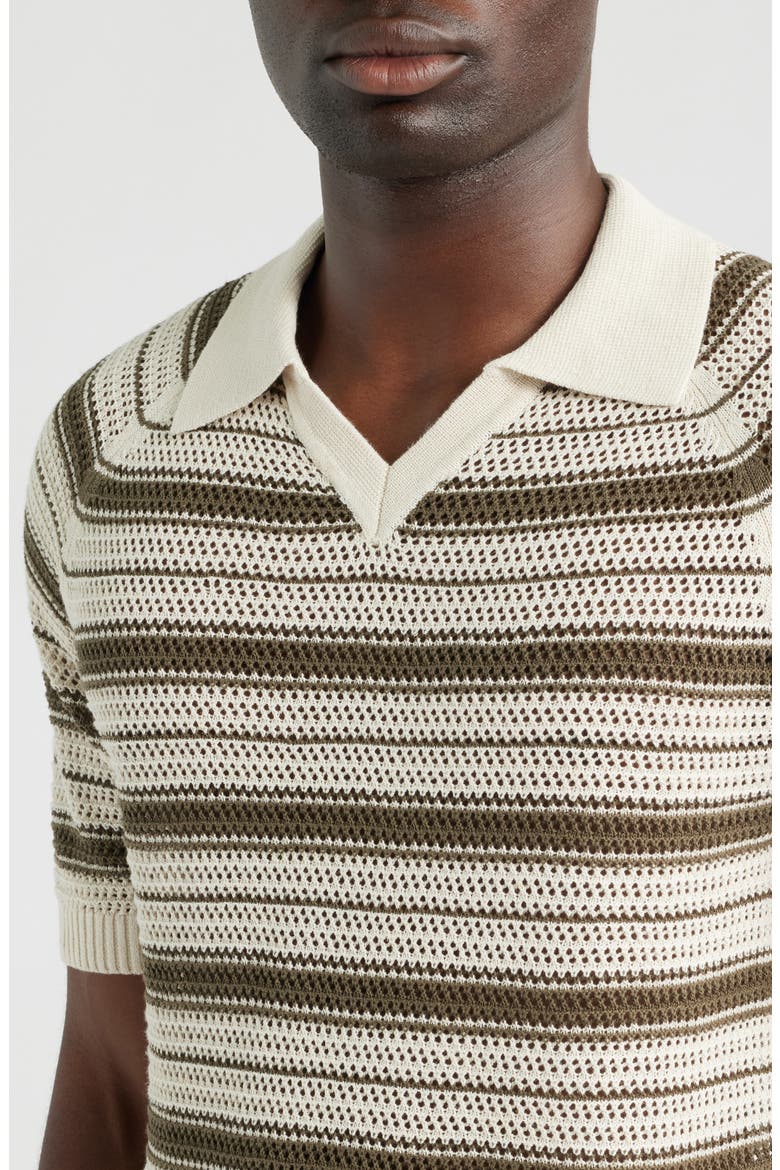 Cale 60056 Stripe Johnny Collar Linen Blend Polo Sweater, Alternate, color, IVORY STRIPE