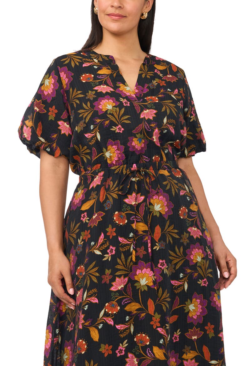 Print Tie Waist Puff Sleeve Maxi Dress, Alternate, color, RICH BLACK