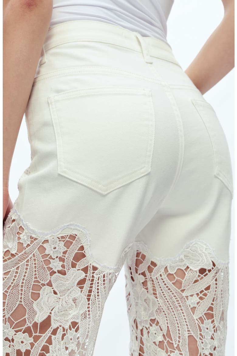 High Waist Crystal Embellished Lace Wide Leg Jeans, Alternate, color, WHITE
