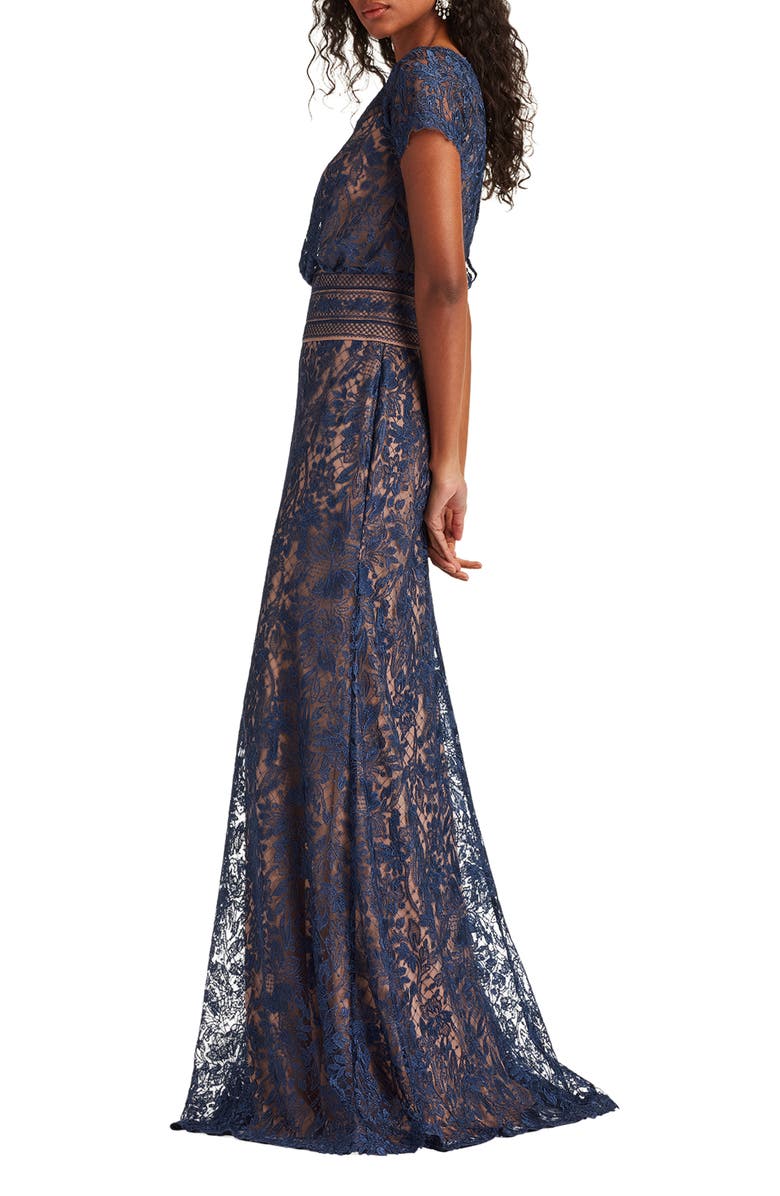 Tadashi Shoji Lace Blouson Bodice Gown, Alternate, color, Navy/ Nude