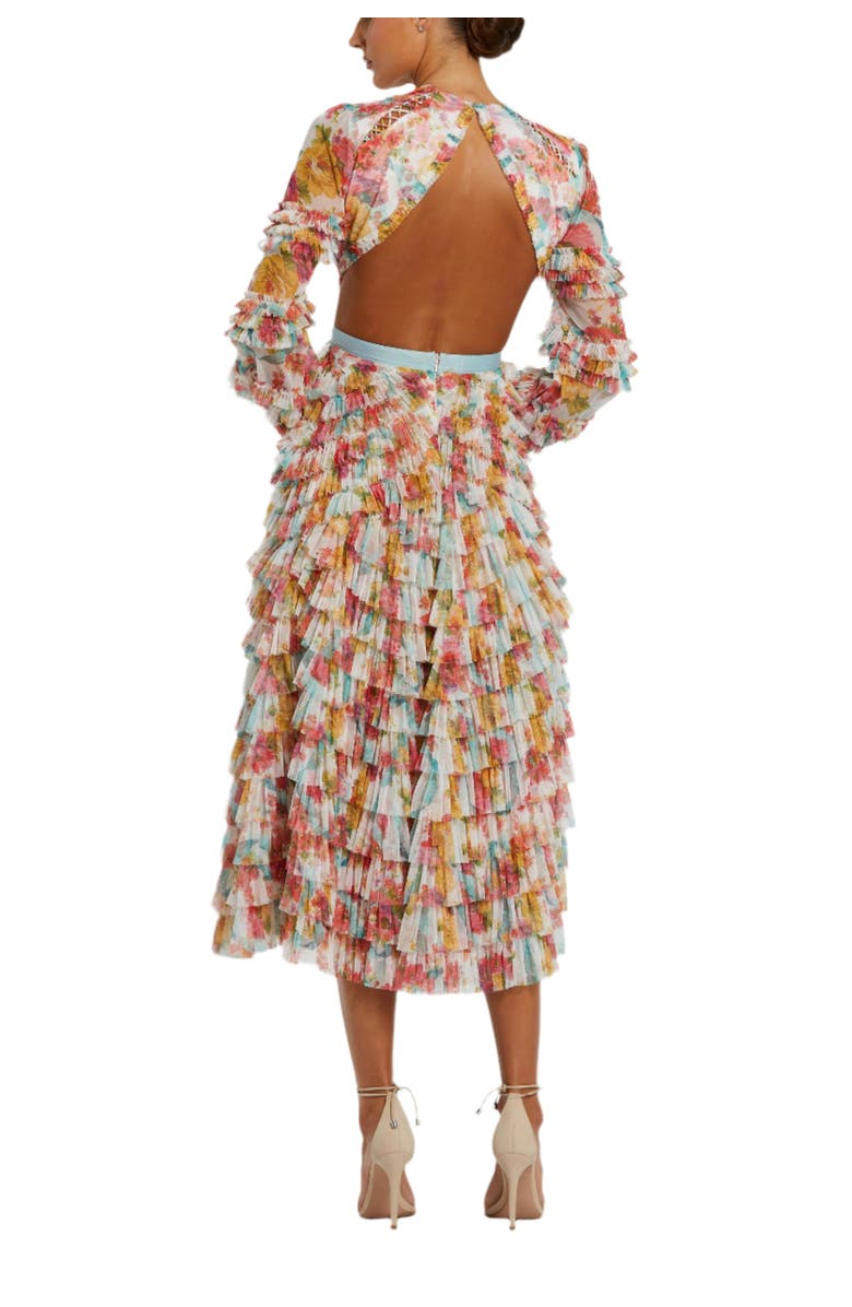 Mac Duggal Long Sleeve Tiered Ruffle Cutout Criss Cross Dress, Alternate, color, White Multi