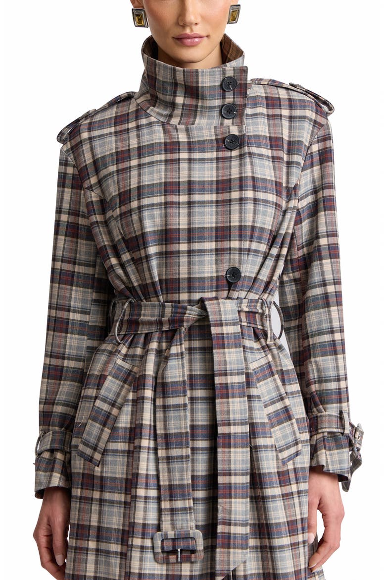 Relaxed Belted Funnel Neck Coat, Alternate, color, GREY - BLUE PLAID