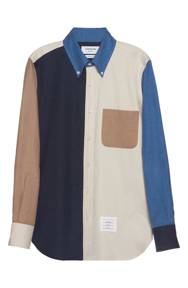 Thom Browne Colorblock Straight Fit Cotton Button-Down Shirt, Alternate, color,
