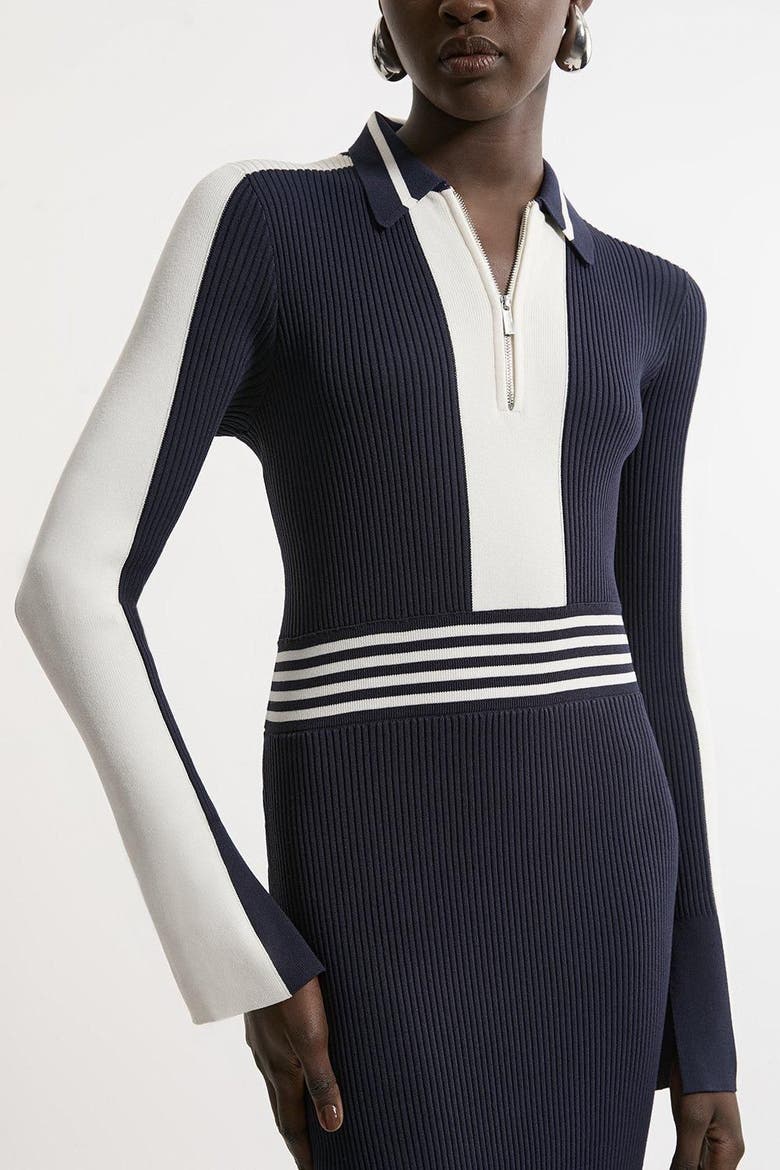 Rib Knit Polo Zip Up Midi Dress, Alternate, color, Navy